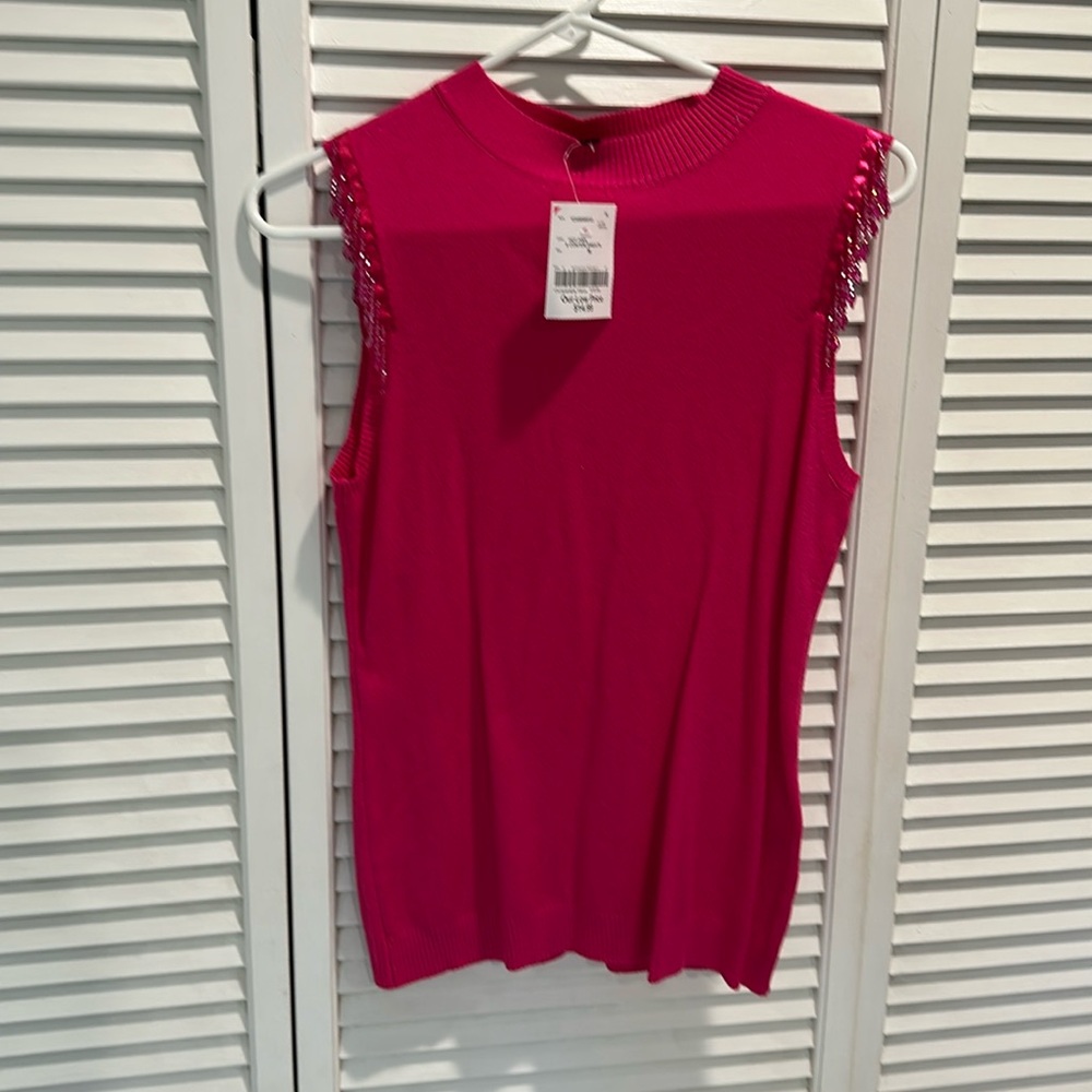 Ontwelfth Pink Barbiecore Sleevless Beaded Sweater